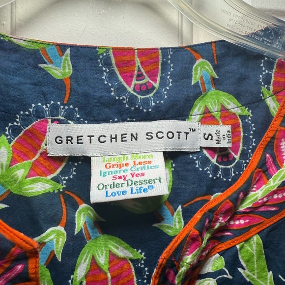 Gretchen Scott SMALL Princess Print Blouse Tunic Floral V Neck Navy Orange BOHO - Picture 5 of 7